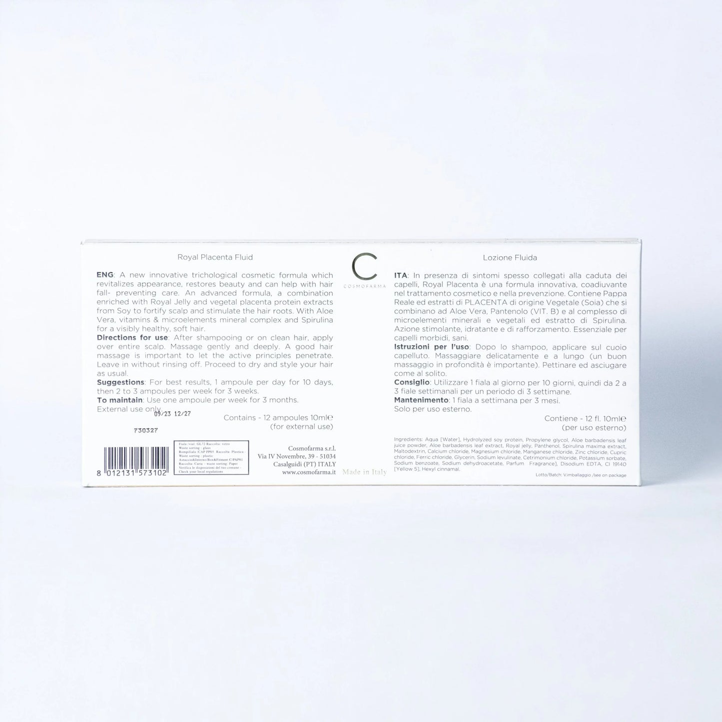 royal placenta fluid hair treatment box with trichological formula for scalp care, made in italy